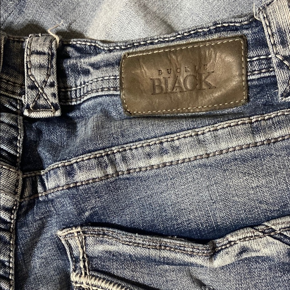 Buckle Blue Jeans with Contrast Stitching and Leather Patches